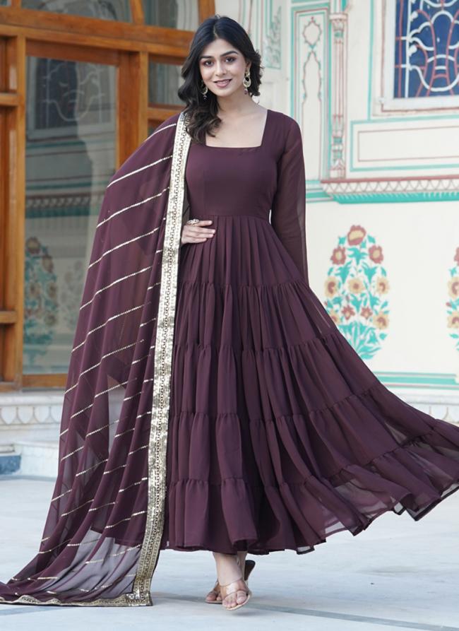 Faux Georgette Brown Festival Wear Embroidery Work Gown With Dupatta